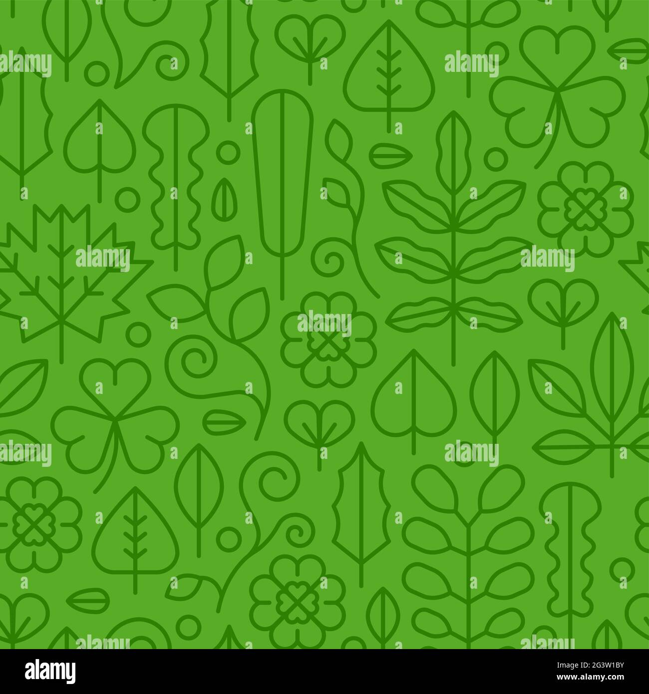 Icona linea piatta foglia di pianta verde illustrazione del motivo senza giunture. Decorazione moderna natura sfondo per un design eco-friendly, stile di vita vegetariano o en Illustrazione Vettoriale