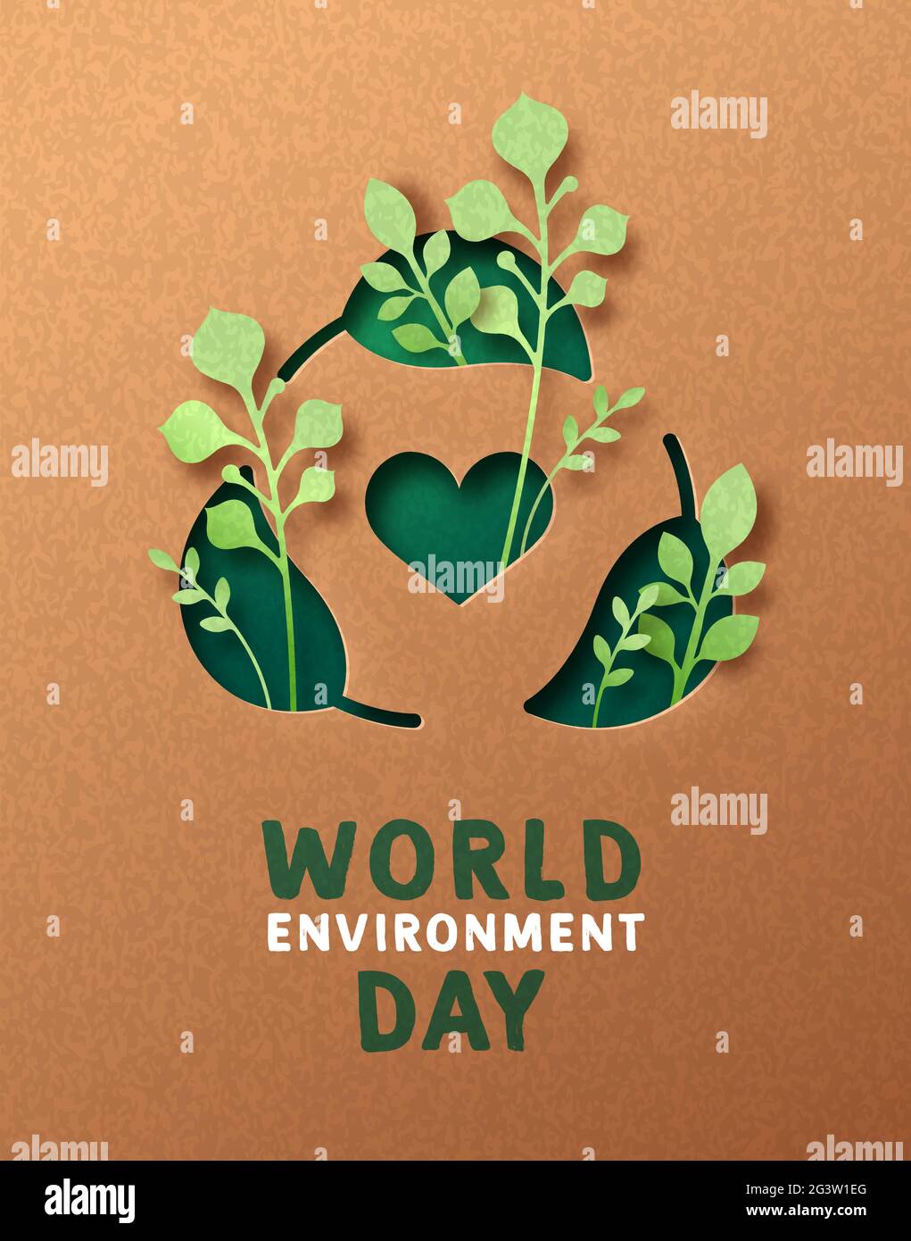 Giornata mondiale dell'ambiente biglietto d'auguri papercut illustrazione di verde foglia di riciclo simbolo con carta 3D artigianato natura decorazione. 5 giugno auto ecologica Illustrazione Vettoriale
