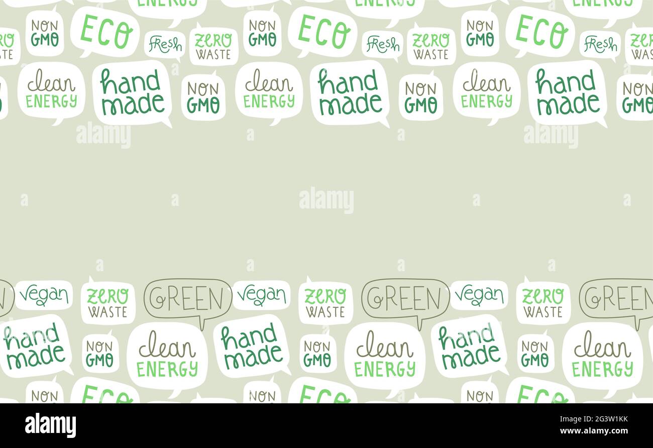 Sfondo verde eco-friendly stile di vita testo citazione con spazio di copia vuoto cornice. I cartelli per la cura della natura includono energia pulita, vegani e rifiuti zero Illustrazione Vettoriale