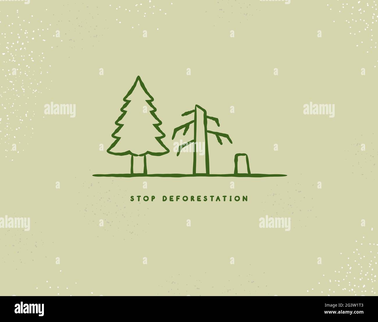 Stop deforestazione stile vintage illustrazione disegnata a mano per campagna eco-friendly o progetto di cura della natura. Pianeta verde con alberi tagliati. Illustrazione Vettoriale