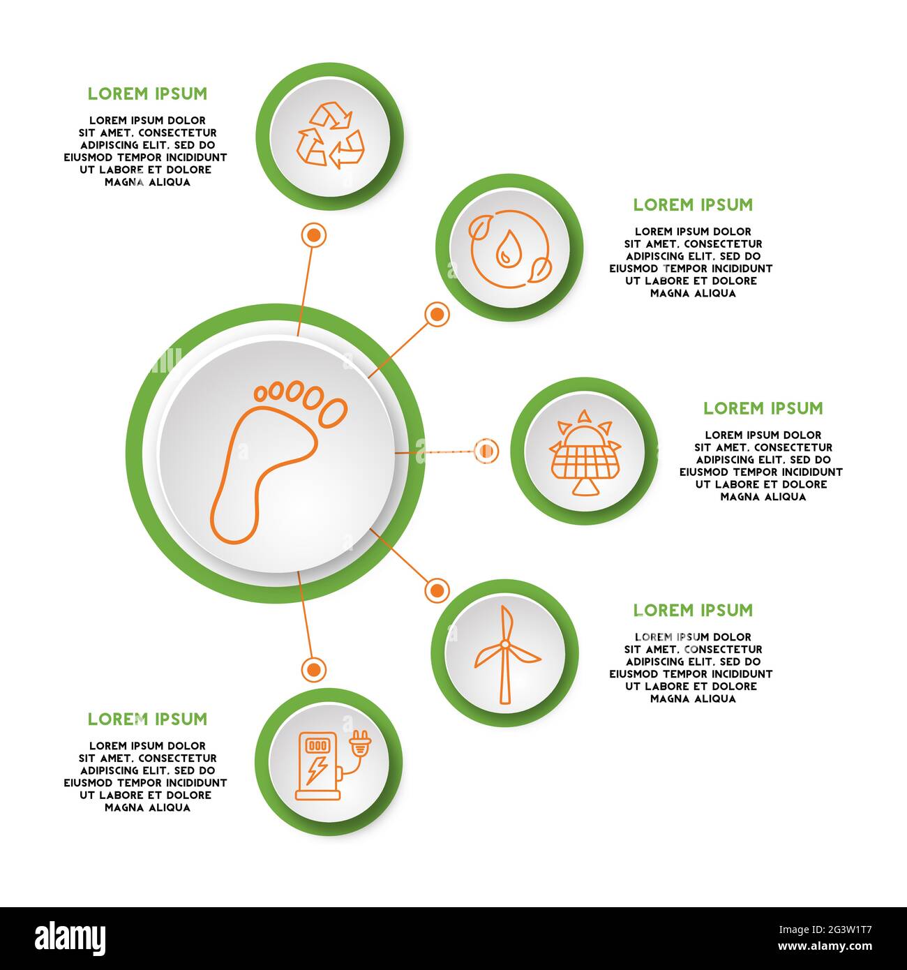 Illustrazione del modello infografico ecocompatibile, design grafico moderno con icone a linea piatta. Include riciclo, energia solare e impronta di carbonio c Illustrazione Vettoriale