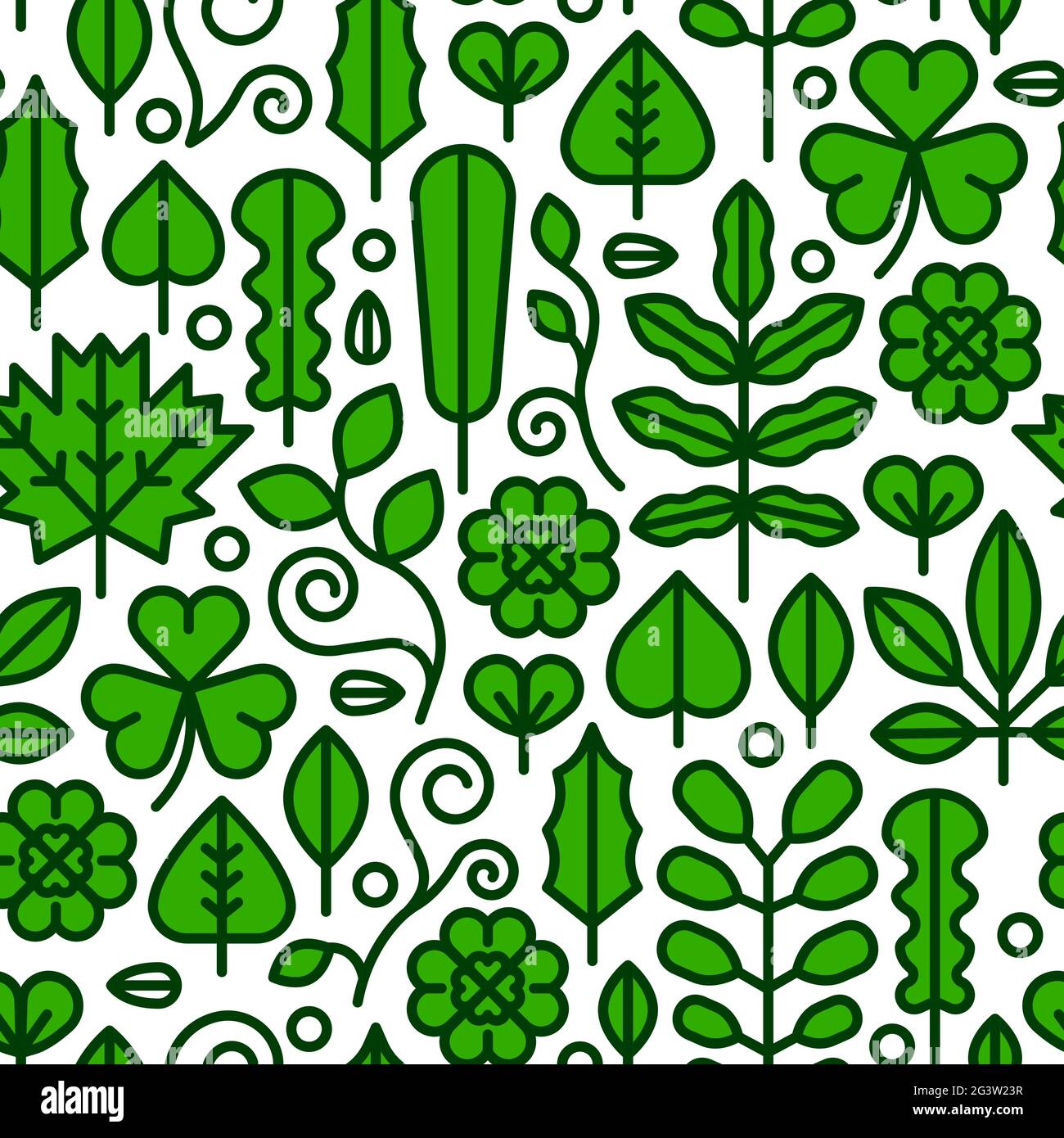 Icona linea piatta foglia di pianta verde illustrazione del motivo senza giunture. Decorazione moderna natura sfondo per un design eco-friendly, stile di vita vegetariano o en Illustrazione Vettoriale