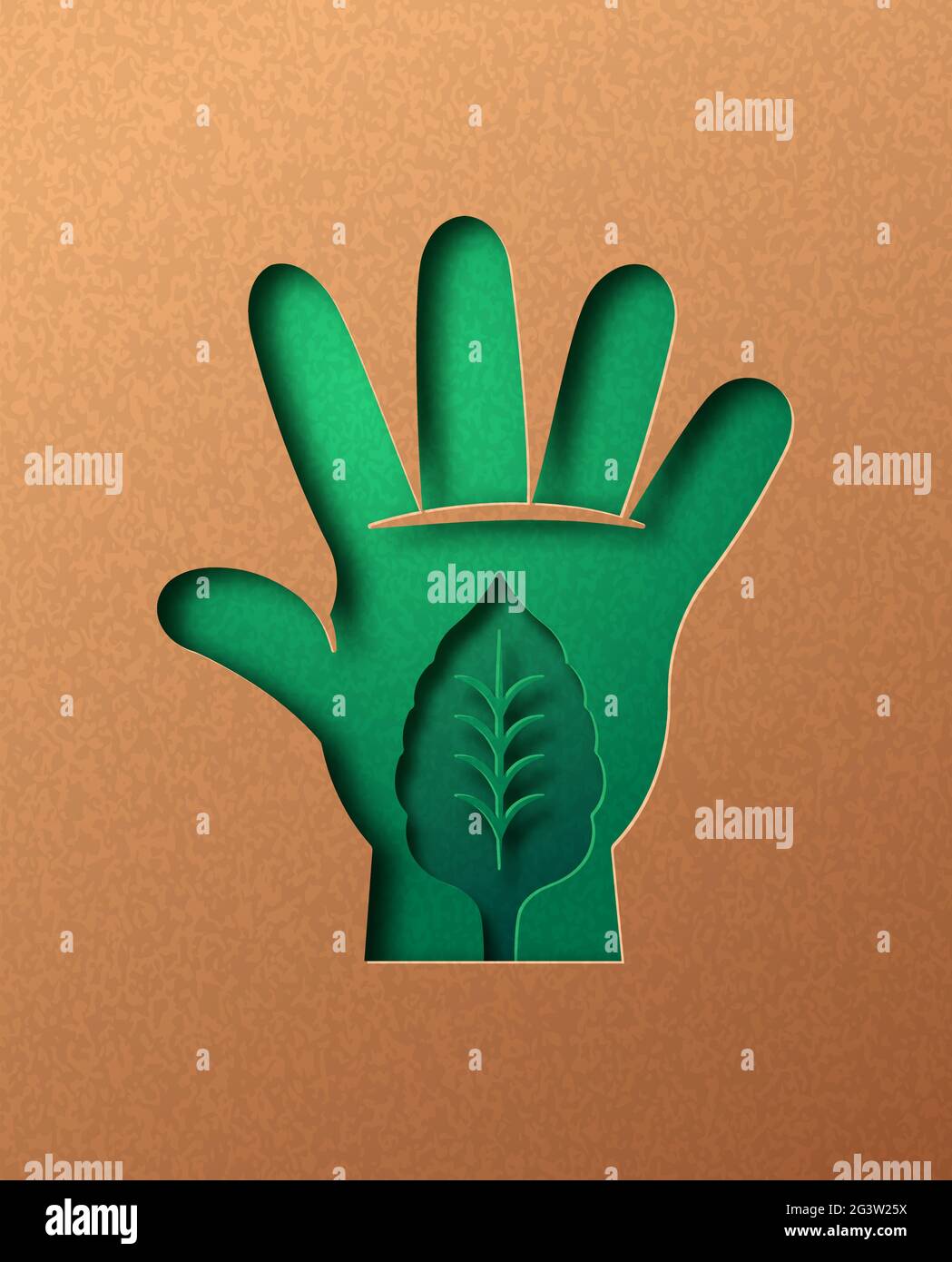 Persone verdi mano papercut illustrazione con foglia di pianta. Stile di vita delle persone eco-friendly, connessione alla natura o concetto ambientale. ritaglio 3d in ricicla Illustrazione Vettoriale