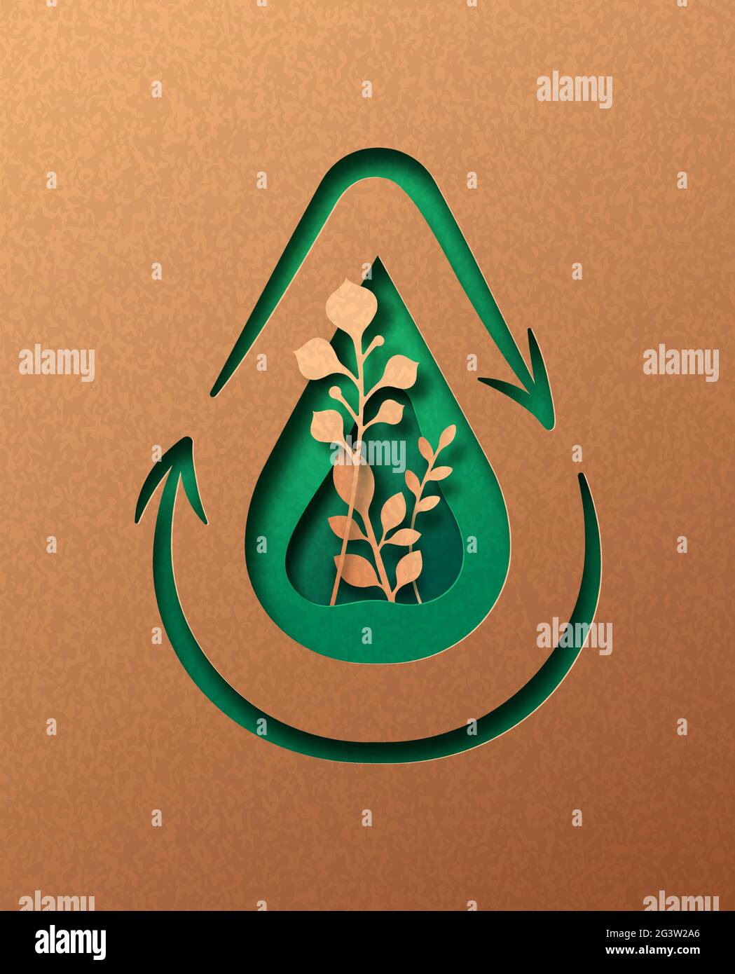 Riciclare acqua papercut illustrazione concetto con foglie di pianta verde che crescono all'interno. Design artigianale in carta riciclata con taglio 3D per il riciclaggio dei rifiuti Illustrazione Vettoriale