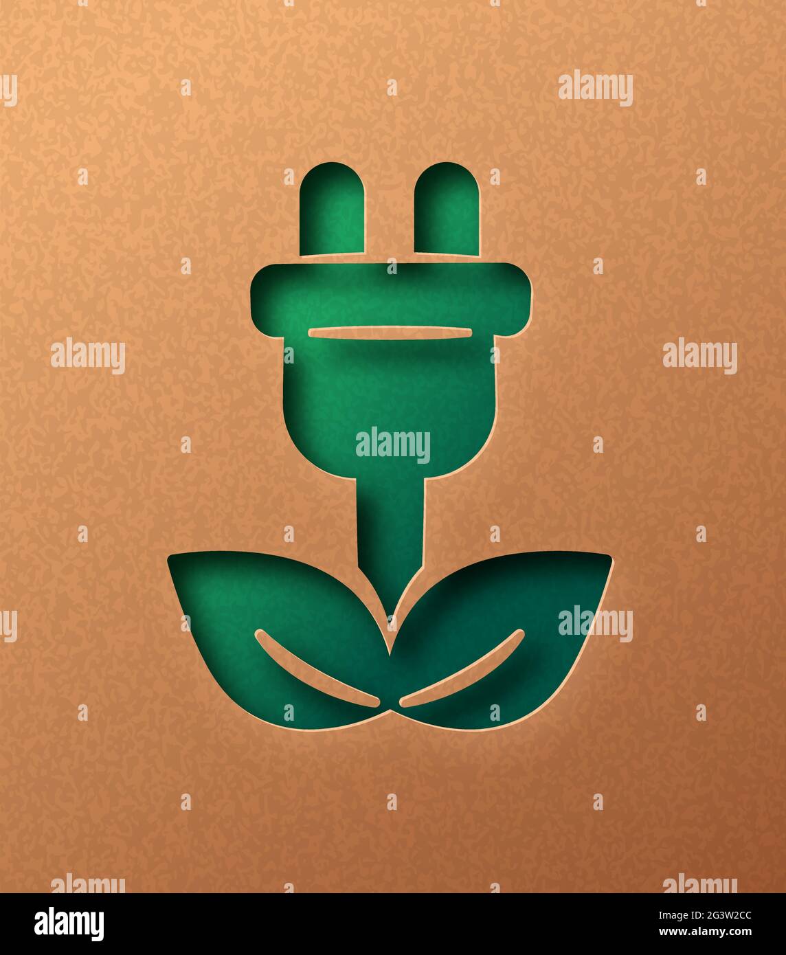 Tecnologia verde illustrazione papercut con spina a foglia di pianta. Risparmio energetico eco-compatibile, energia elettrica o concetto ambientale. ritaglio 3d in re Illustrazione Vettoriale