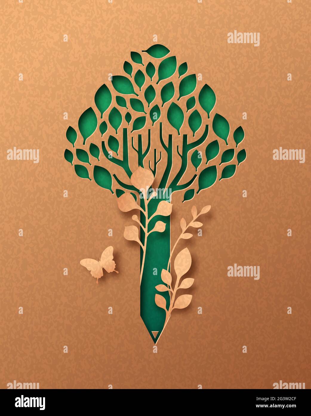 Educazione ecologica concetto di illustrazione papercut con foglie di pianta verde all'interno della matita dell'albero. Design artigianale 3D di apprendimento creativo in carta riciclata Illustrazione Vettoriale