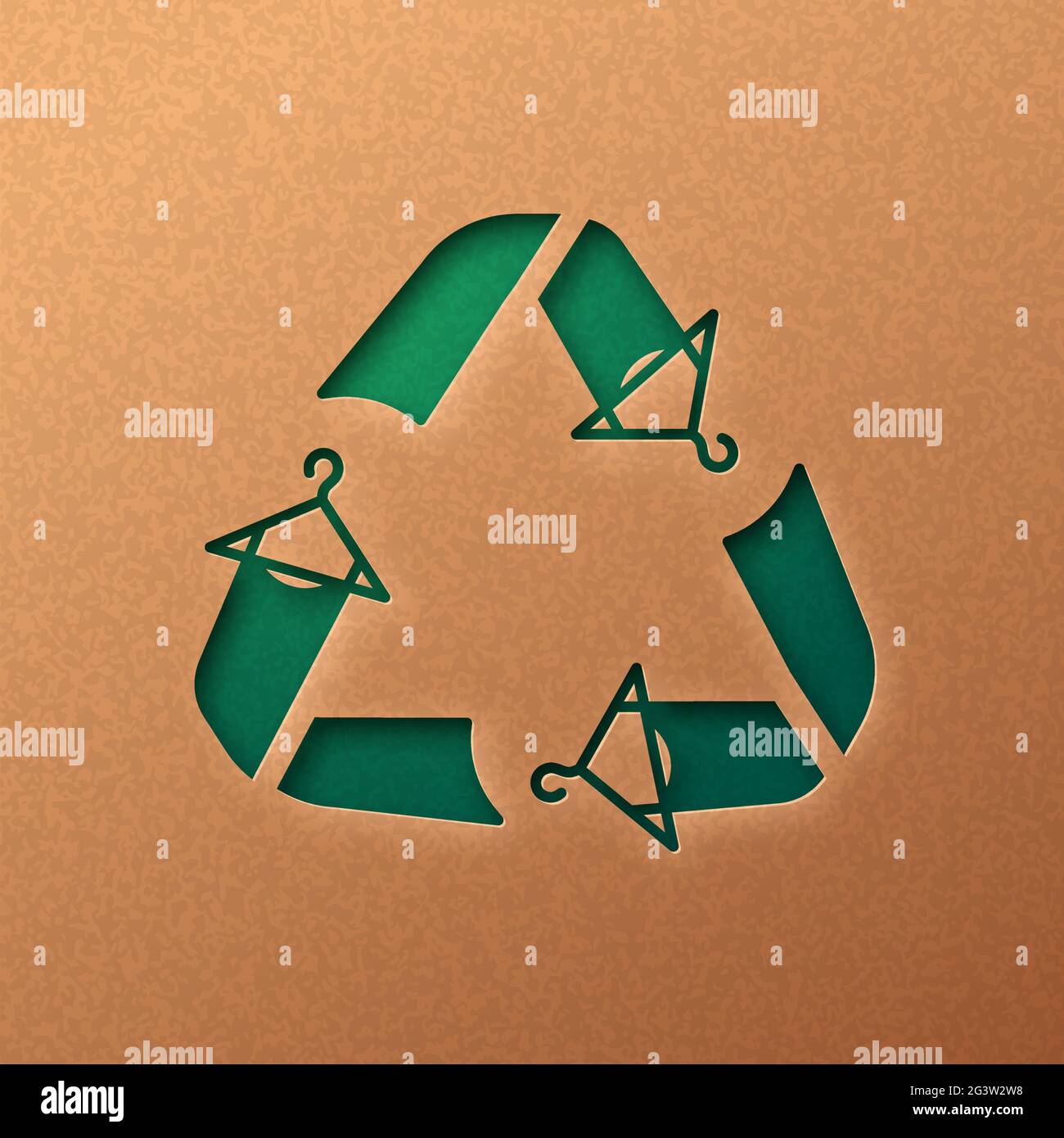 Riciclare i vestiti concetto di illustrazione di papercut con il simbolo verde della freccia di appendiabiti. 3D Upcycling Cut out disegno artigianale in carta riciclata sfondo. Illustrazione Vettoriale