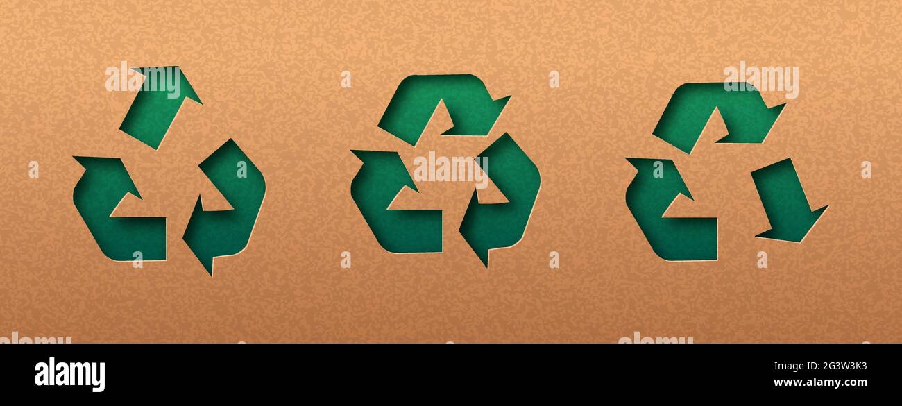 Riciclare il set di papercut verde con le frecce verso il basso e verso l'alto. Downcycling ecologico, simbolo di upcycling, concetto di zero sprechi. Ritaglio 3D in carta riciclata ba Illustrazione Vettoriale