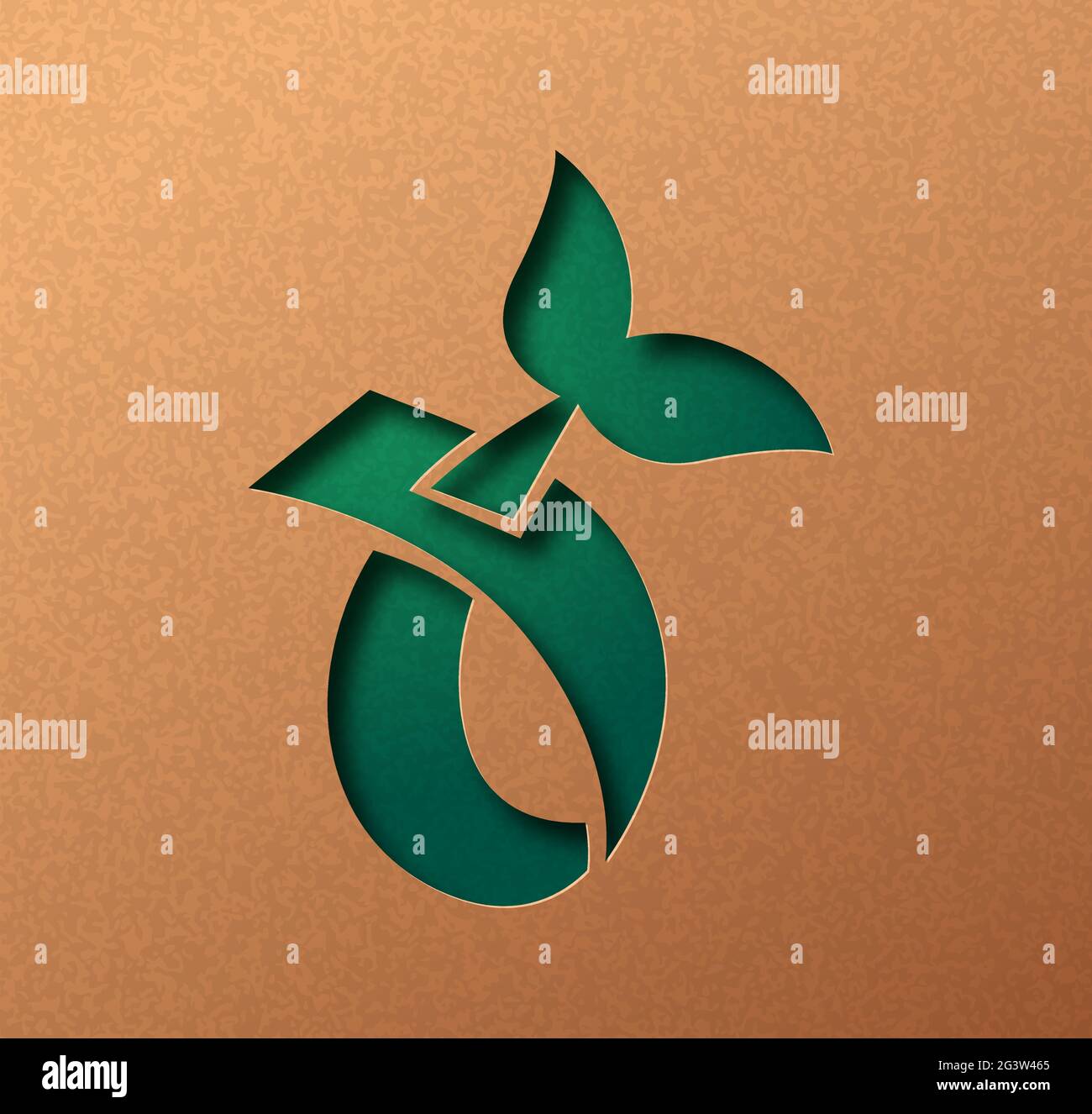Prodotto compostabile concetto di illustrazione papercut con simbolo a foglia verde. Disegno di mestiere di taglio di compostaggio 3D in sfondo di carta riciclata. Wast naturale Illustrazione Vettoriale