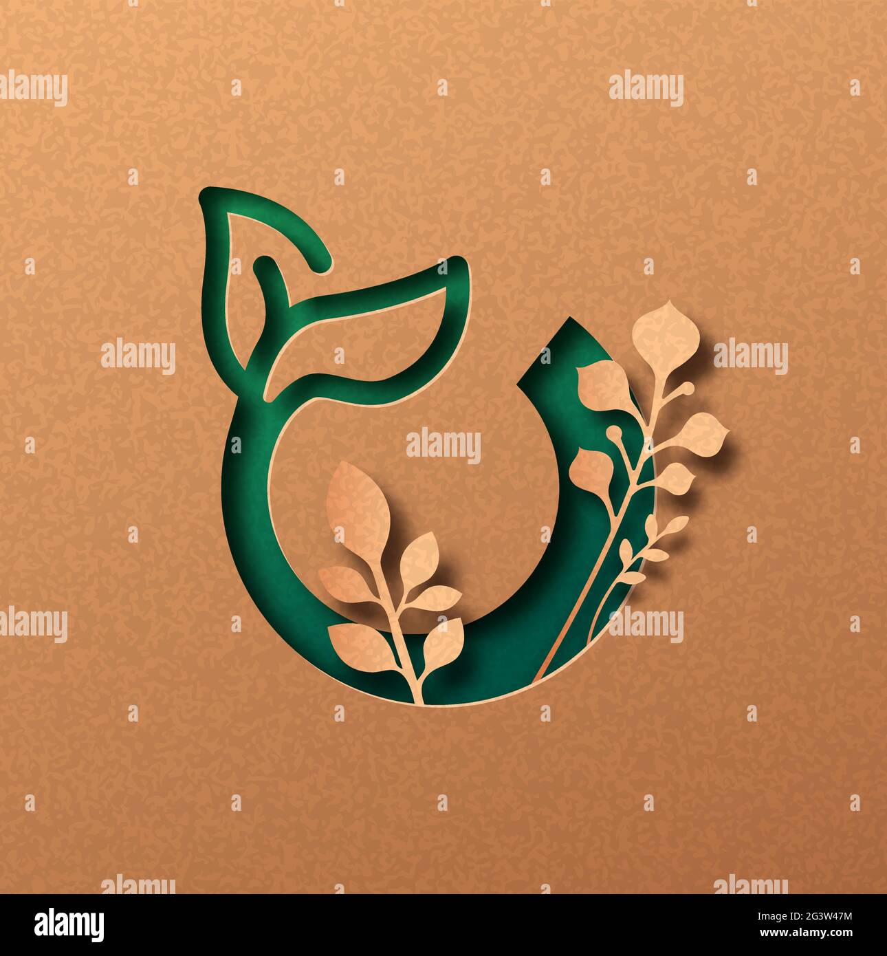 Prodotto organico concetto di illustrazione papercut con simbolo a foglia verde. 3D Food etichetta taglio artigianale design in carta riciclata sfondo. Illustrazione Vettoriale