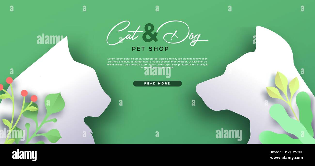 Cat and Dog PET Shop web template illustrazione di animali domestici tagliati in carta con decorazione verde natura in 3d papercut art style. Illustrazione Vettoriale