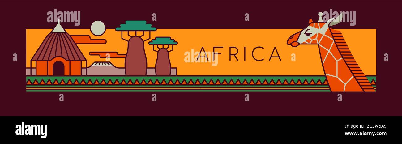 Africa viaggio concetto illustrazione del paesaggio africano tradizionale con casa di fango e bush albero baobab. Cartoni animati a contorno piatto su sfondo isolato, Illustrazione Vettoriale