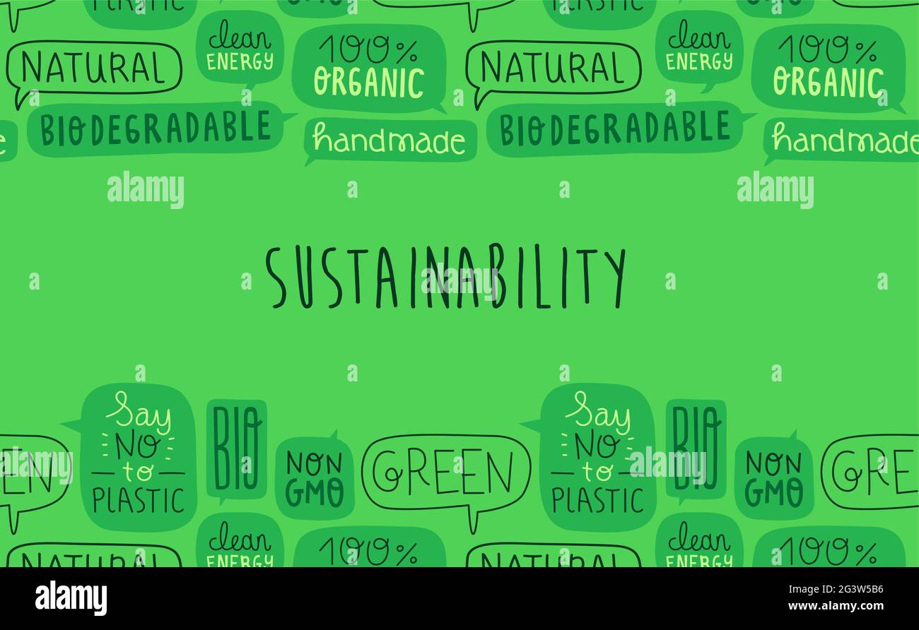 Cornice di sfondo per citazioni di testo eco-friendly Sustainability. I cartelli per la cura della natura non includono etichette in plastica, organiche e per l'energia pulita. Illustrazione Vettoriale