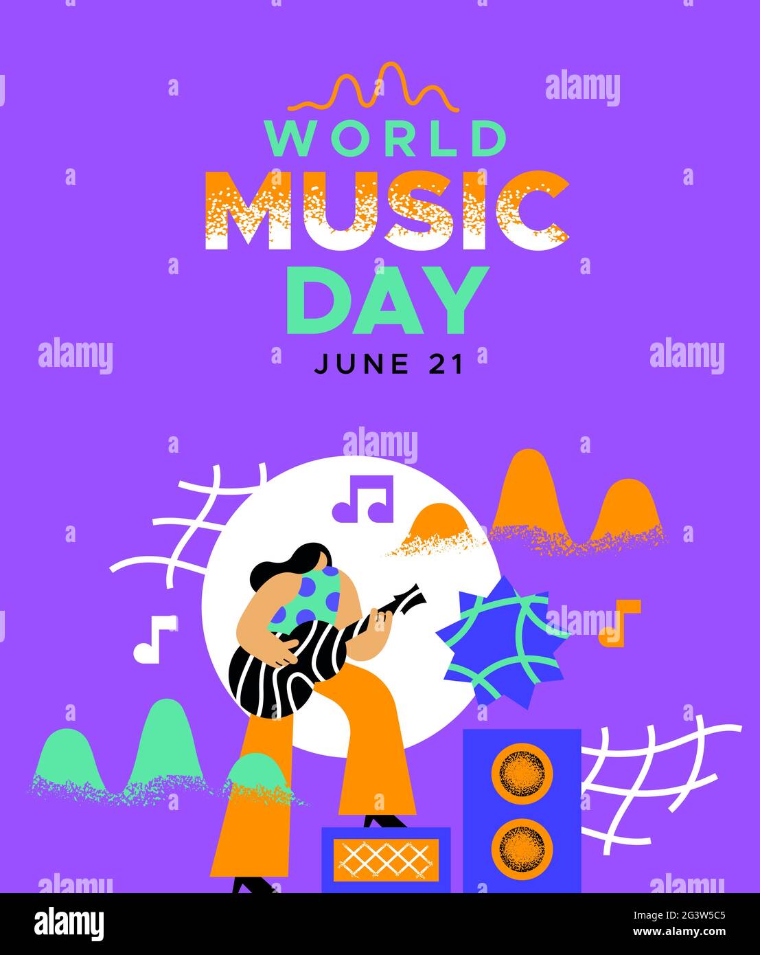 World Music Day web banner illustrazione di una donna musicista che suona la chitarra in moderno colorato stile cartoon piatto. Evento musicale alla moda per le vacanze design fo Illustrazione Vettoriale