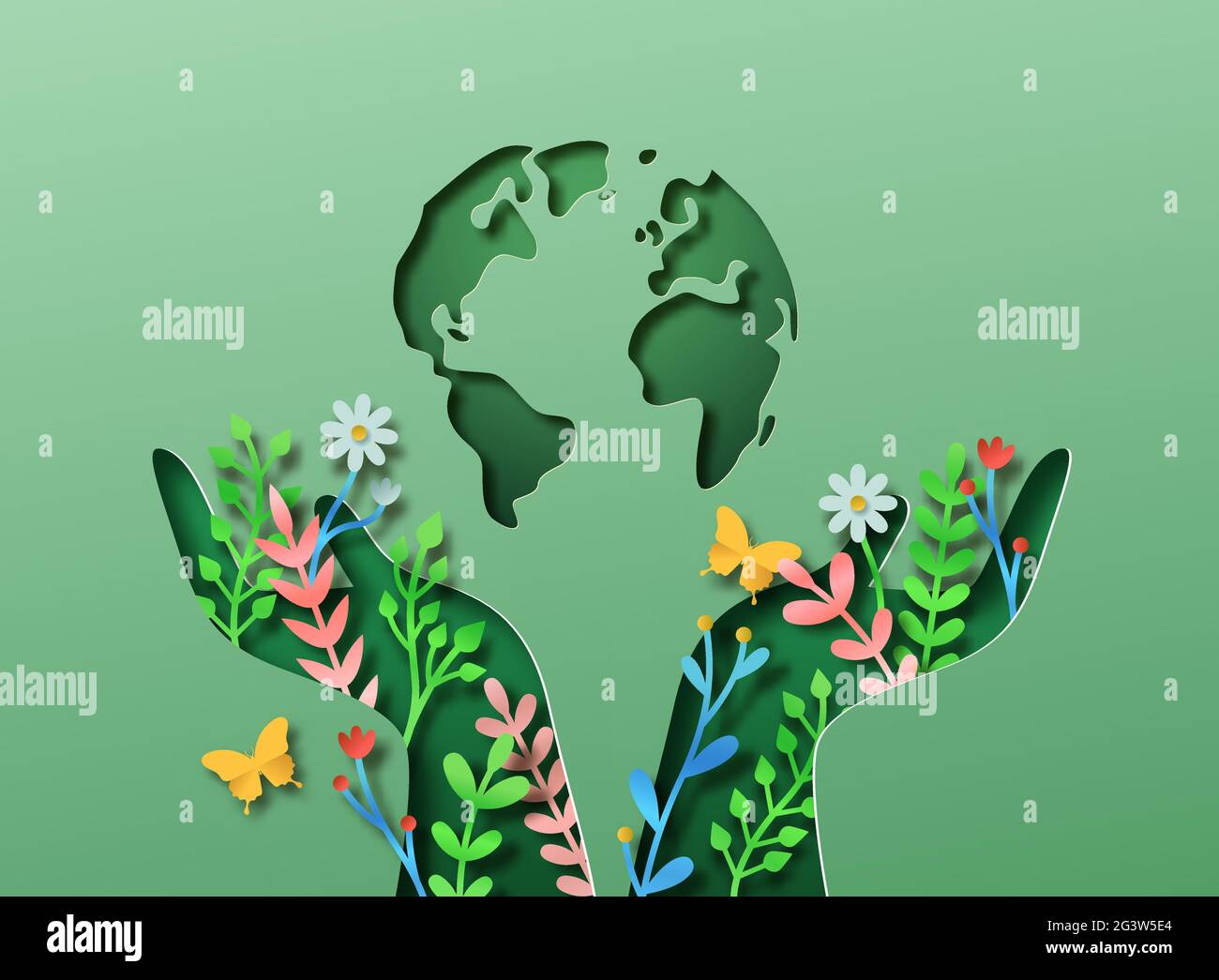 Mano verde della gente illustrazione di papercut con foglia di pianta, giardino di fiore e terra del pianeta. Stile di vita ecocompatibile, connessione con la natura o ambiente Illustrazione Vettoriale