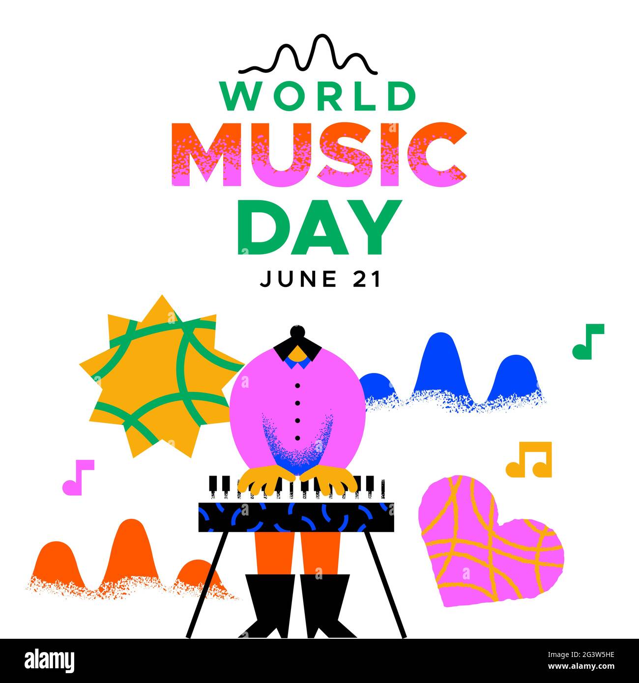World Music giorno evento banner illustrazione di donna musicista personaggio suonando piano tastiera con creative forme di decorazione musicale. Giugno 21 vacanza Illustrazione Vettoriale