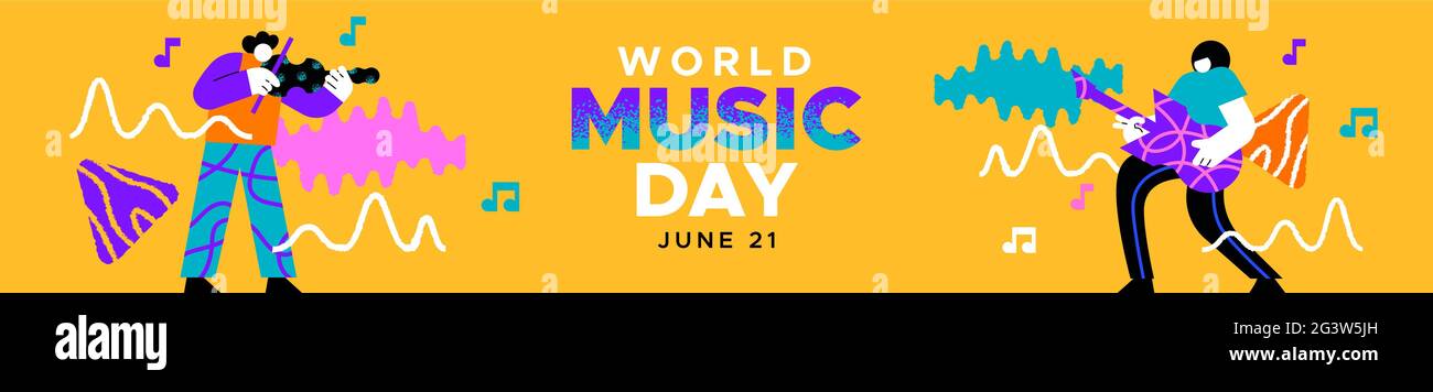 World Music Day web banner illustrazione di un musicista che suona violino in moderno colorato stile cartoon piatto. Design musicale alla moda per eventi natalizi Illustrazione Vettoriale