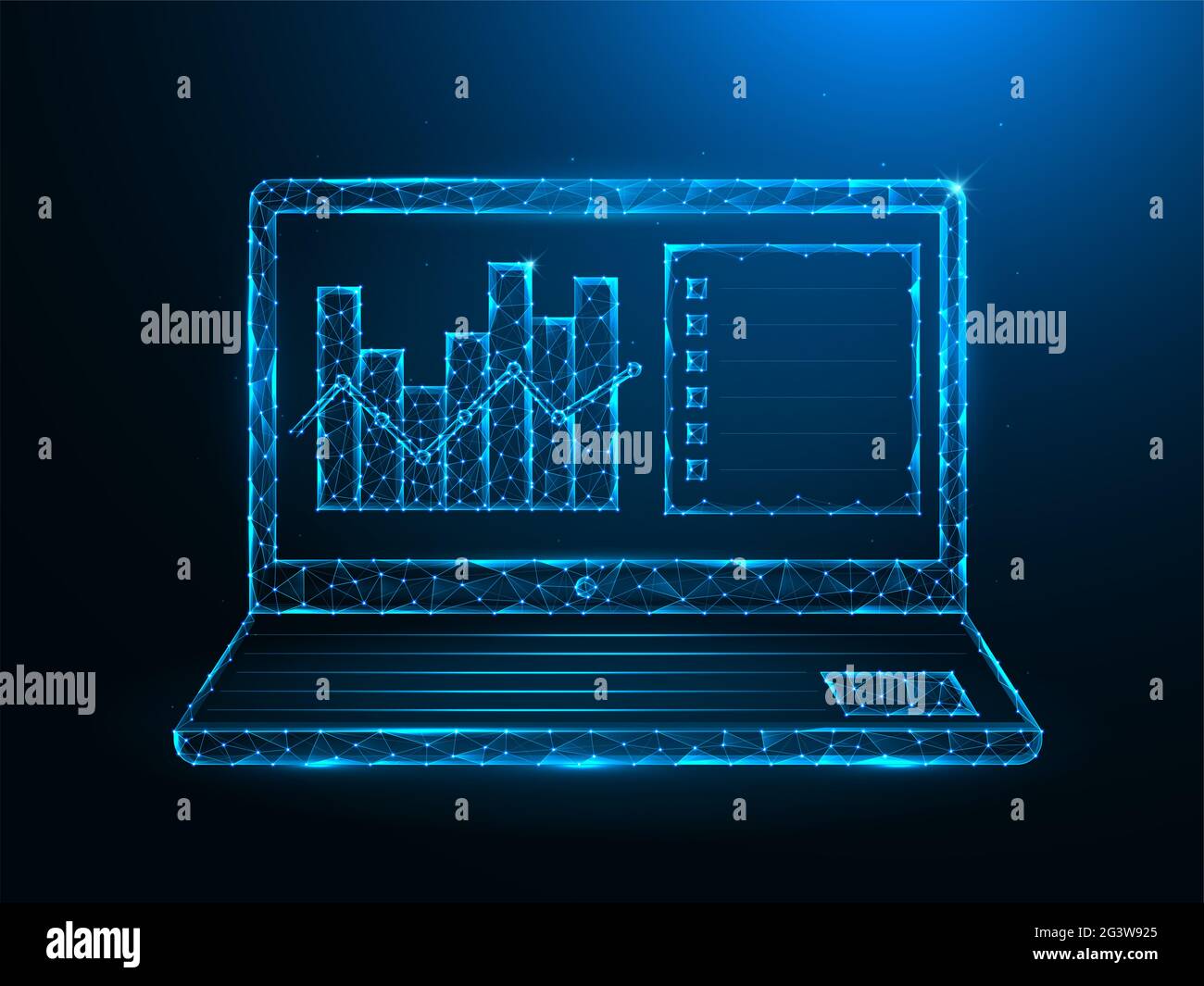 Notebook e dati analitici a basso contenuto di poly art. Notebook e dati analitici grafici vettoriali poligonali su sfondo blu Foto Stock