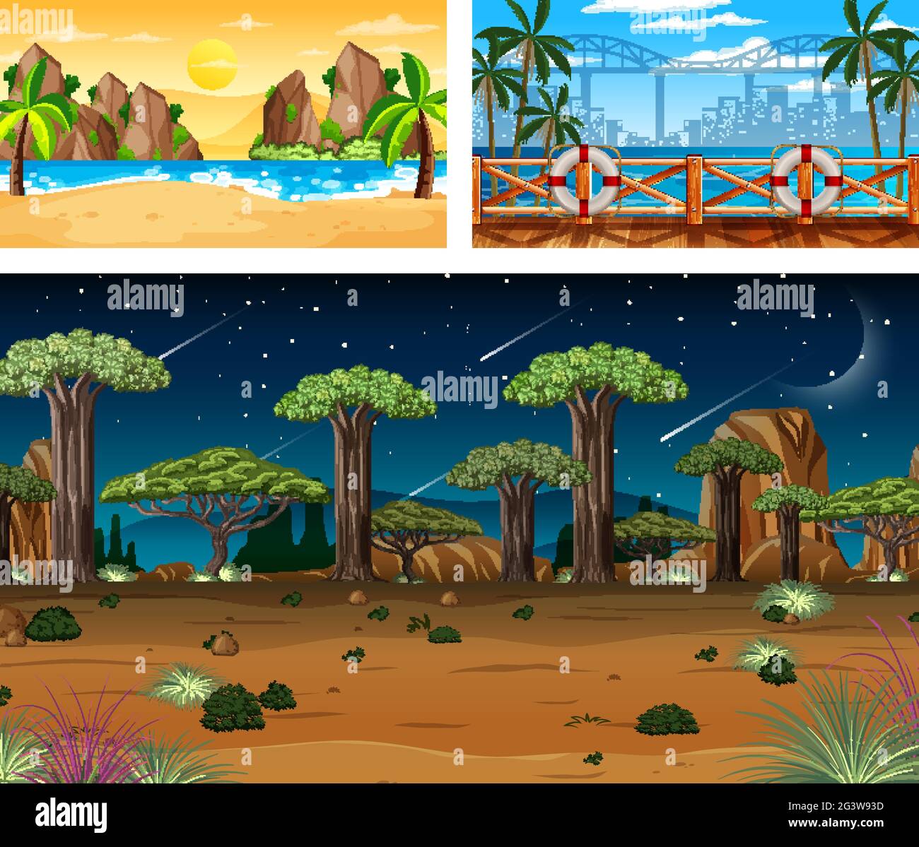 Tre diverse scene natura paesaggio illustrazione Illustrazione Vettoriale