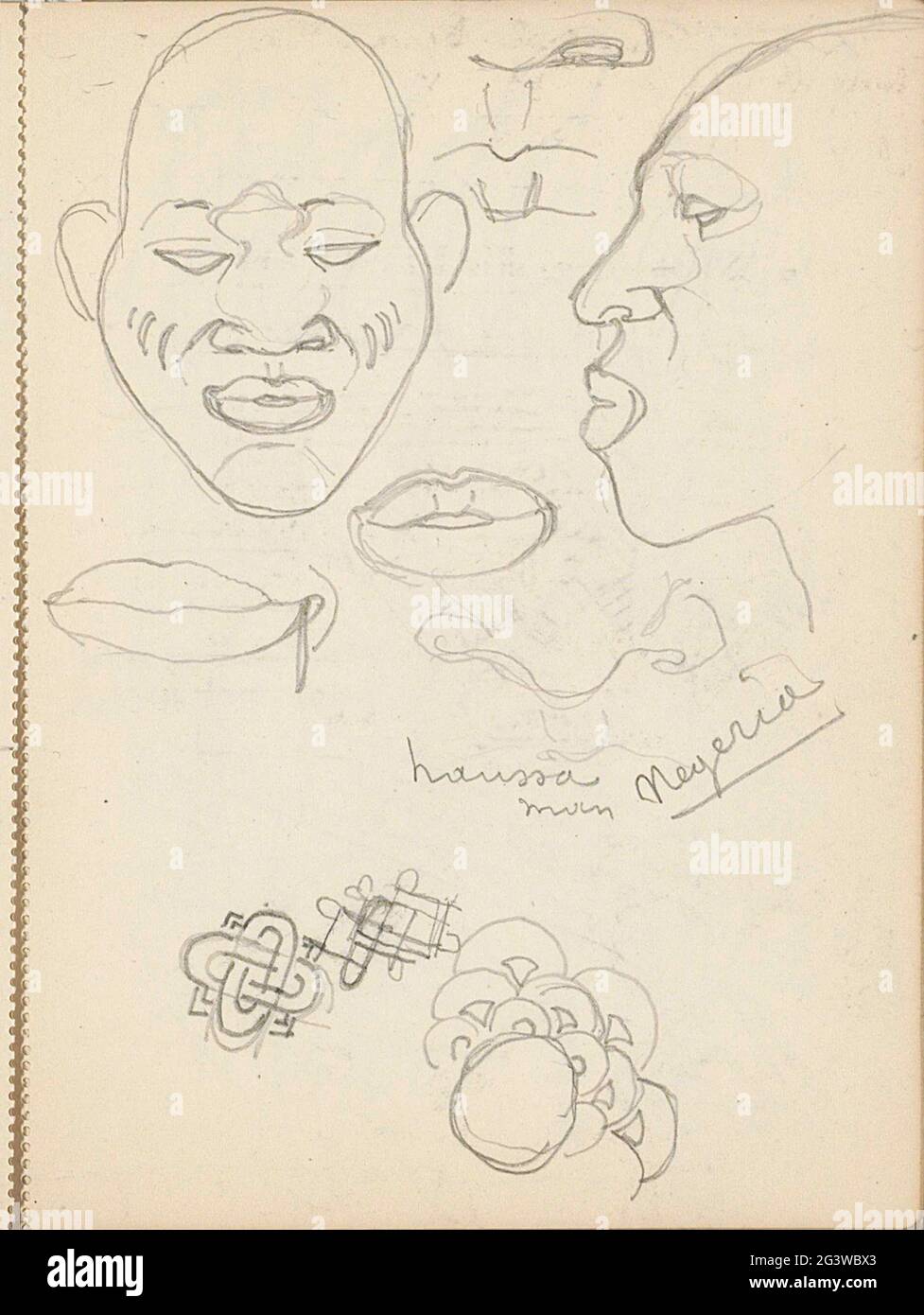 Capi dell'Husa in Nigeria. Studi anche di labbra, naso e motivi decorativi. La foglia 49 recto da un libro di schizzo con 60 fogli. Foto Stock