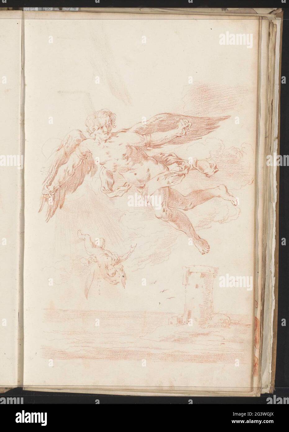 Caduta di Icaro. Icarus si allontani dal cielo al mare dopo che galleggiò troppo vicino al sole e le ali del padre Daedalo si erano fuse. Daedalus, anch'esso dotato di alette di lavaggio, vola ulteriormente. La foglia 33 recto da un libro di schizzo con 63 fogli. Foto Stock