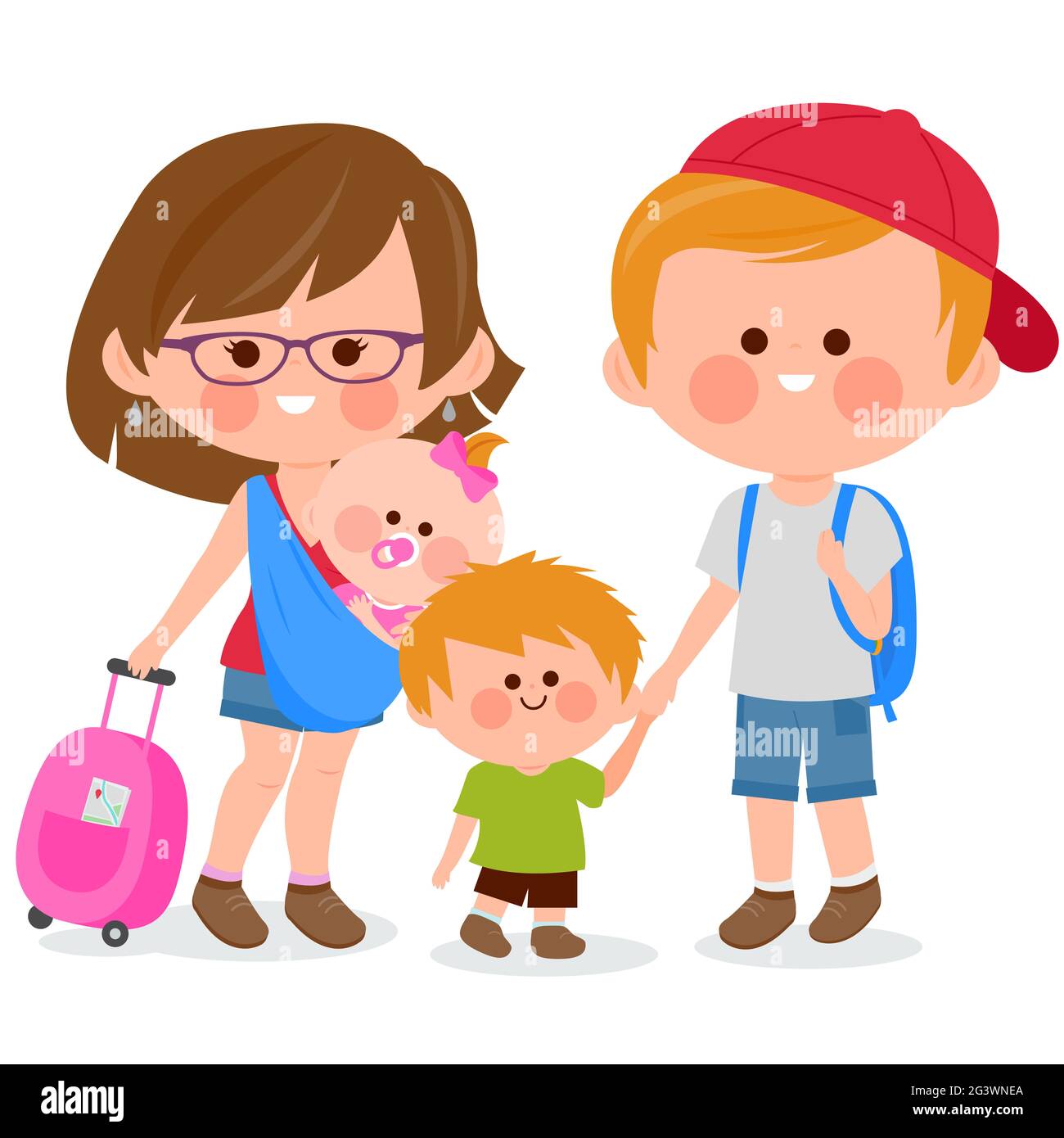 Coppia turistica con bambini piccoli, con borse da viaggio. Foto Stock