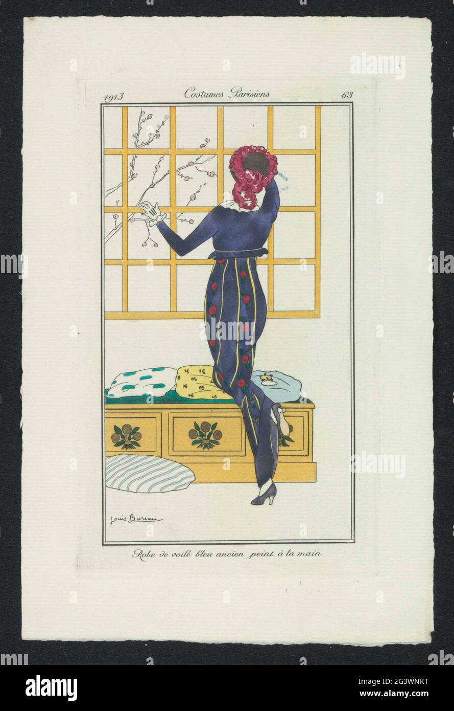 Journal des Dames et des Modes: Gli illustratori di moda. Il Journal des Dames è stato ispirato dalla rivista di moda eponimo del secolo precedente e, come la precedente pubblicazione, si riferiva alle sue illustrazioni come costumi Parisiens. Questi costumi Parisiens (184 illustrazioni in totale) sono stati disegnati in un modo nuovo, piatto, decorativo da George Barbier, Jan van Brock, Victor Lhuer e altri artisti parigini, ciascuno con uno stile caratteristico. Ogni problema è stato riscontrato con due o tre piastre separate. Questi hanno mostrato un'ampia varietà di capi di abbigliamento alla moda, dagli eleganti abiti da sera agli outfit per esterni. A br Foto Stock