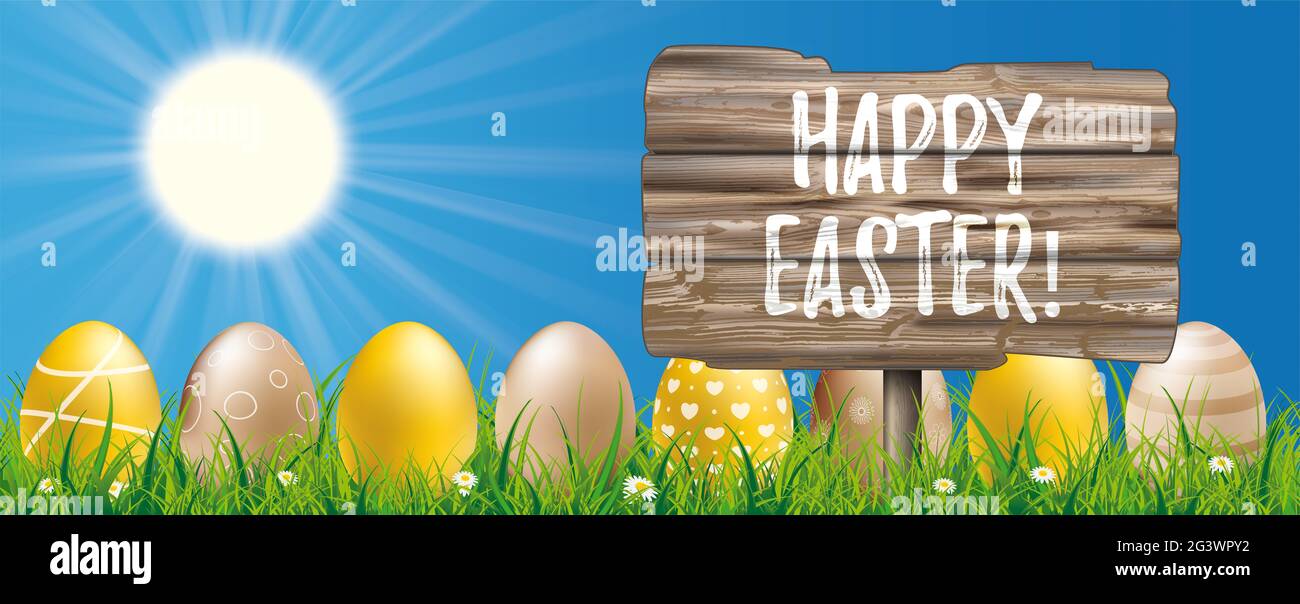 Happy Easter uova Sky Grass intestazione in legno Foto Stock