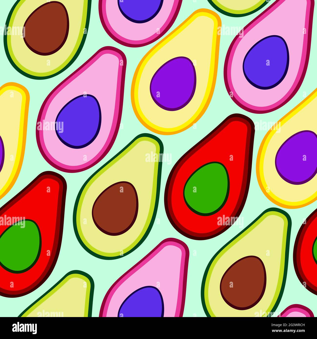 Motivo vettoriale pop-art senza cuciture con mezzi avocado per stampa, organica, vegana. Alimentazione adeguata, cibo, colazione sana, frutta fresca ed ecologica e verdura Illustrazione Vettoriale