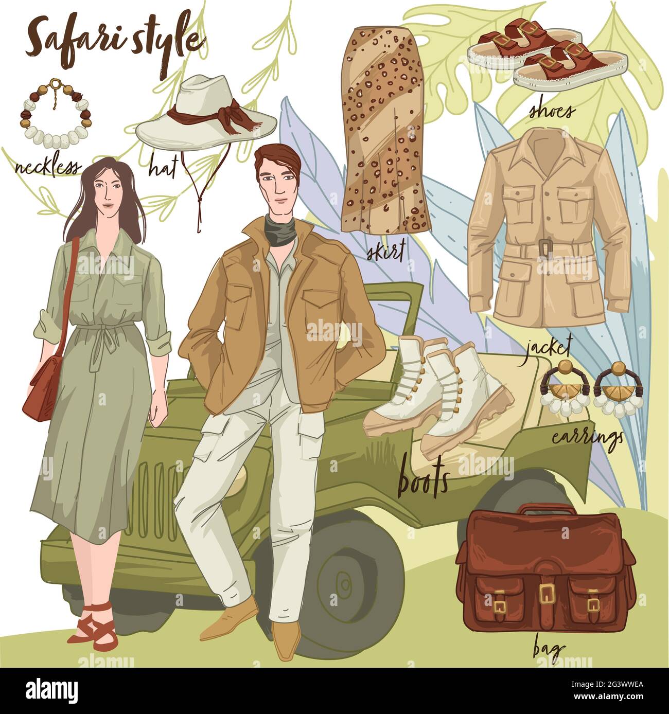 Stile Safari, moda e tendenze, stile selvaggio Illustrazione Vettoriale