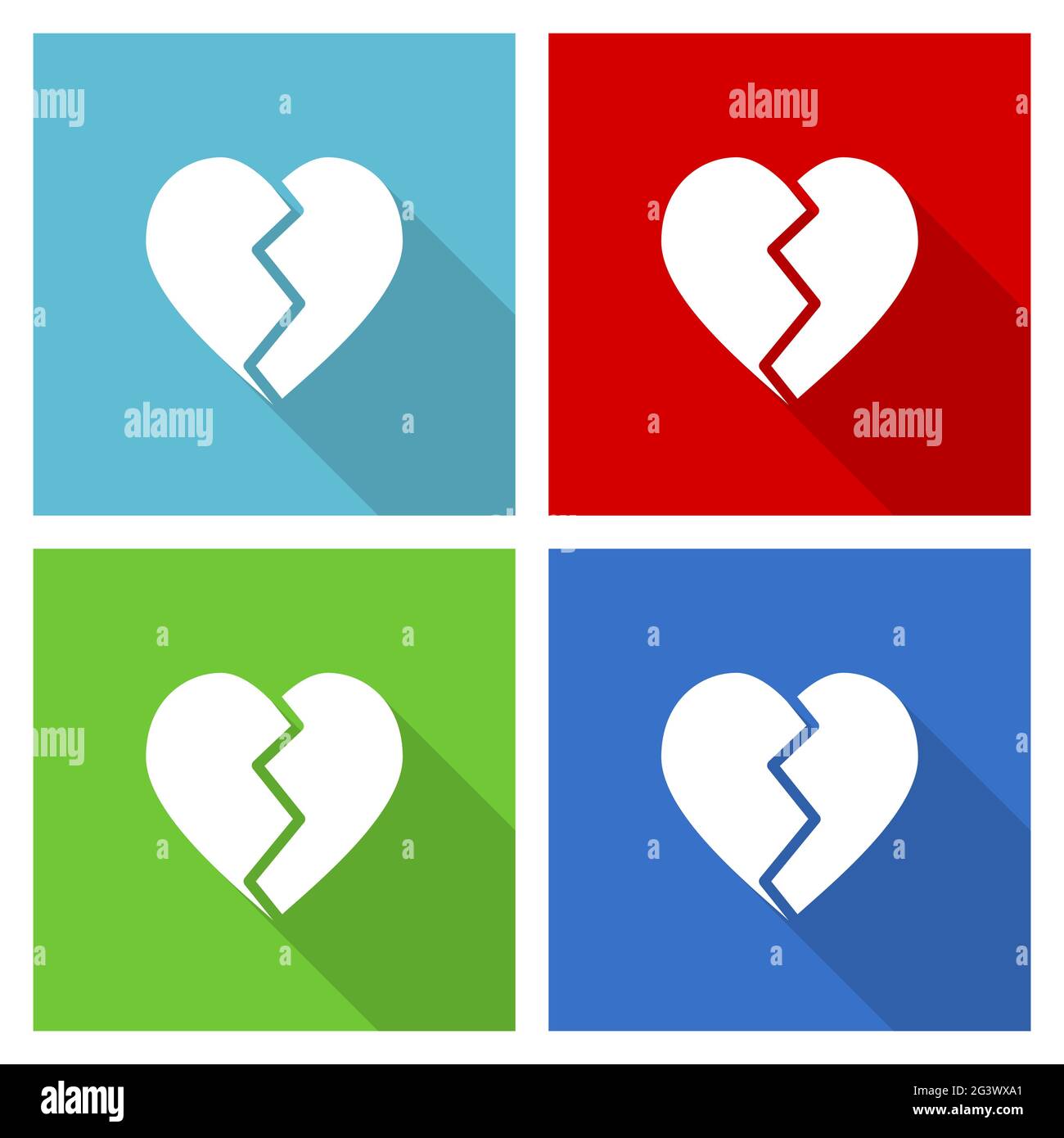 Set di icone del cuore spezzato, illustrazione vettoriale in eps 10, pulsanti web in 4 opzioni di colori Illustrazione Vettoriale