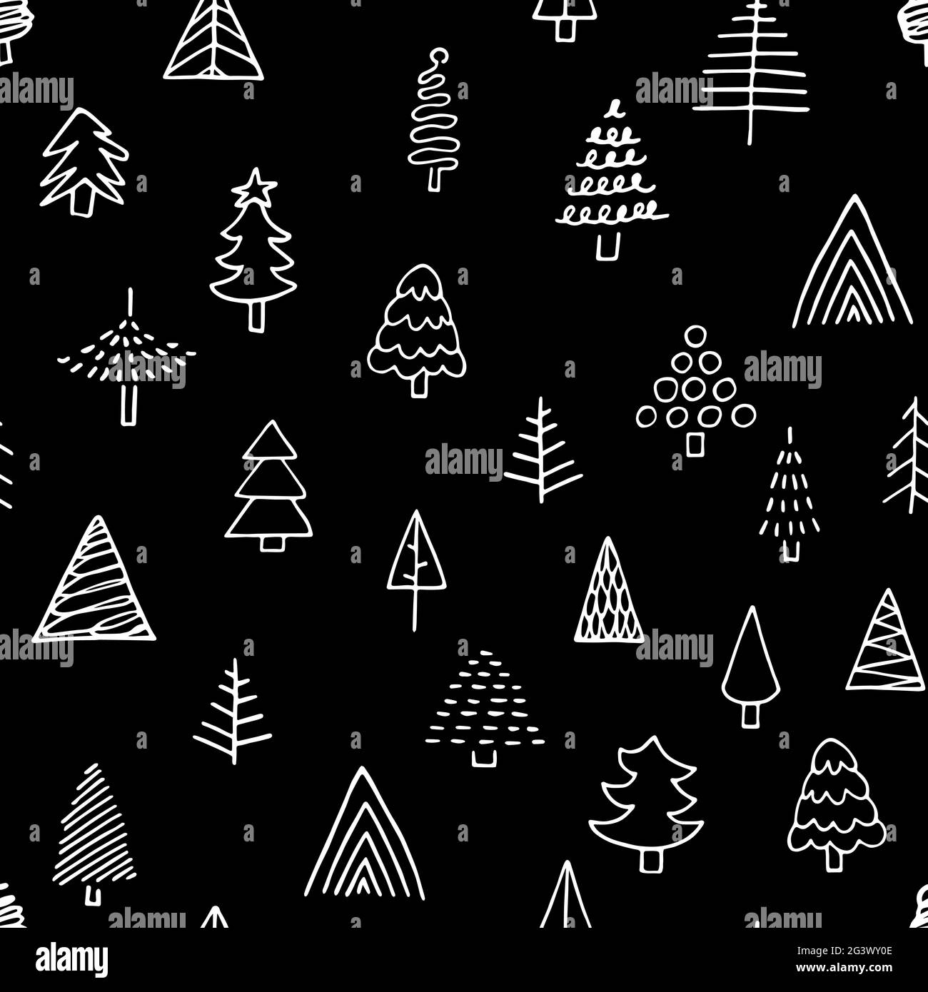 Modello di capodanno vettoriale senza giunture. Disegnato a mano nero contorno carino albero di Natale su sfondo nero. Immagine degli abeti di bordo di gesso di festa Illustrazione Vettoriale