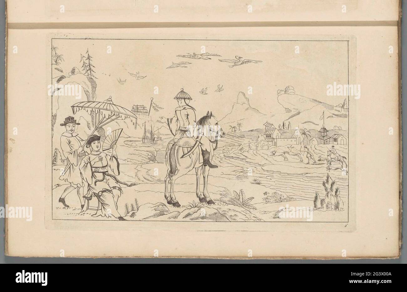 Rider e scena di caccia in un paesaggio cinese; scene di yacht cinesi; nuovo consigliato Sineesen, con grande Moeyte progettato e dato in esso, da P: Schenk Jun (...), terza parte. Paesaggio con un pilota e una figura con girante sotto un ombrellone. Il paesaggio attraversa un fiume con una parte di caccia sul lato opposto. Stampa fa parte di un album. Foto Stock
