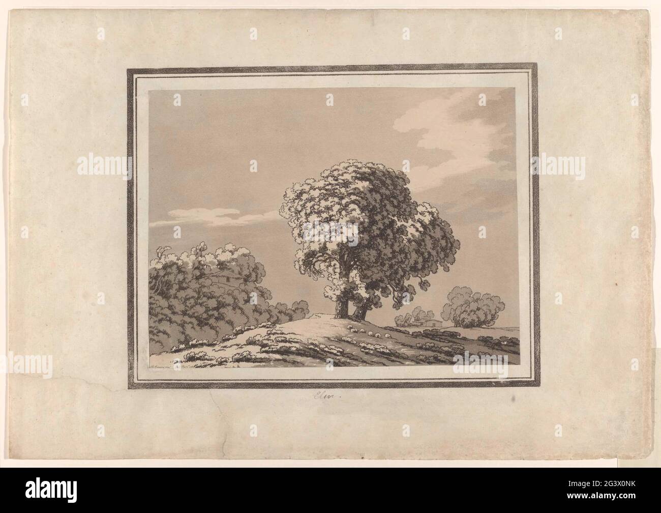 Elm. Cozens raffigura la luce del sole in questo paesaggio con meticolosa cura, utilizzando le differenze di tono per suggerire un senso di profondità: Contrasti nitidi in primo piano, dove appaiono le tinte più scure, e tinte sempre più chiare più indietro. A sinistra, la luce del sole rastrema le cime degli alberi. O il sole sta appena alzando, o settando. Foto Stock