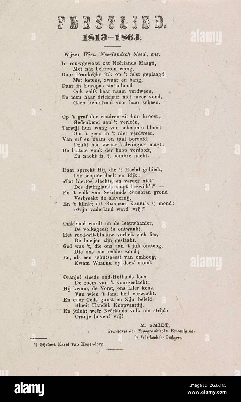 Party song 1813-1863. Foglia con la canzone della festa in occasione del cinquantenario del ripristino della libertà nei Paesi Bassi, 16 novembre 1863. Completamente organizzato dalla 'Associazione tipografica: De Nederlandsche Printing Press'. Foto Stock
