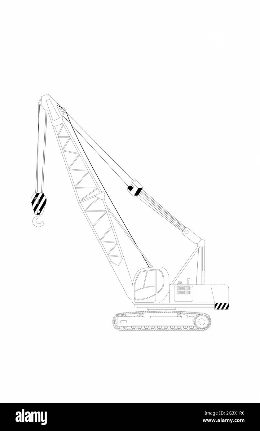 Disegno della gru semovente cingolata sul telaio cingolato. Illustrazione. Foto Stock