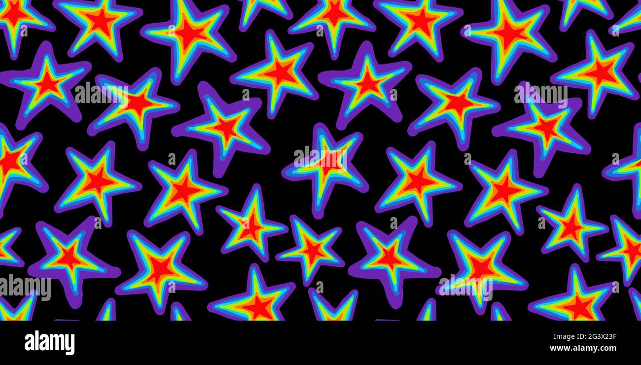 Motivo a stella. Motivo senza cuciture con stelle alla moda. Tema spazio. Colori dell'arcobaleno. Orgoglio. Illustrazione Vettoriale