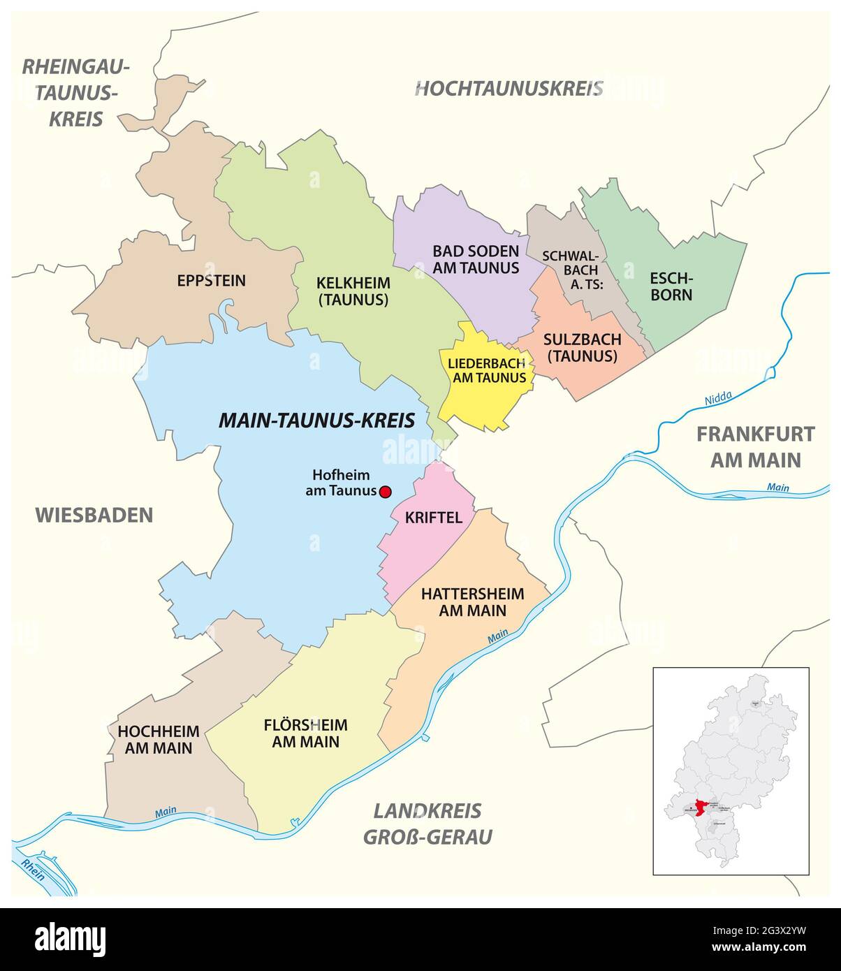 Mappa amministrativa vettoriale Main-Taunus-Kreis, Assia, Germania Foto Stock