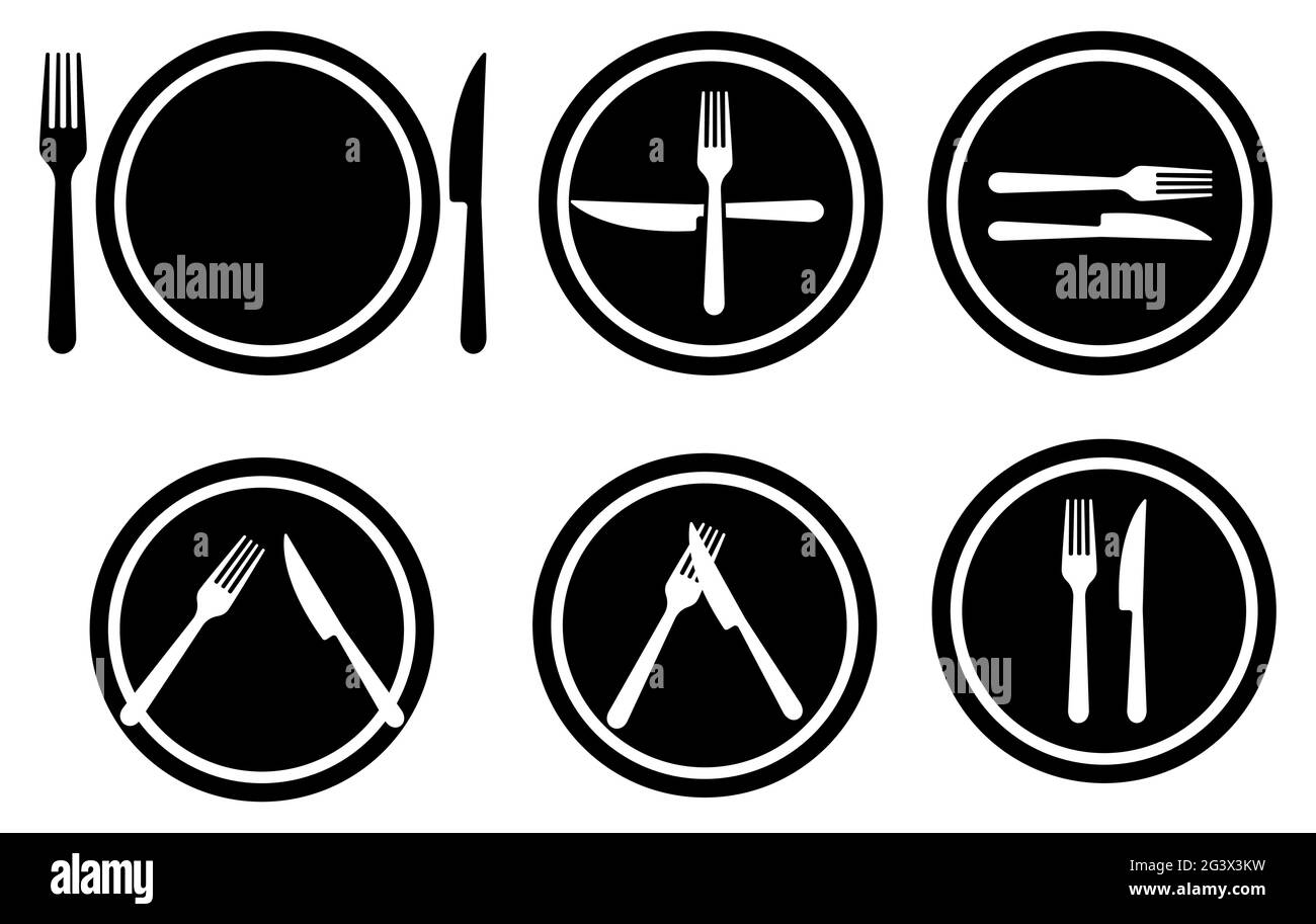 Set di gesti delle posate che riflettono i pensieri sul cibo. Servizio di forchetta, coltello e piastra. Icone vettoriali isolate su sfondo bianco Illustrazione Vettoriale