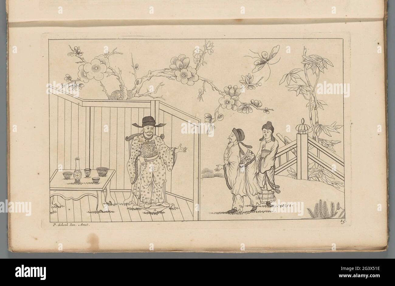 Uomo riccamente vestito in una sedia ad un tavolo fisso; nuovi sinesen inconvulsi con grande Moeyte complicato e dato in esso, da P. Schenk Jun (...), seconda parte. Riccamente rivestito uomo cinese in una sedia a un tavolo fisso. Destra due figure. Sullo sfondo fioriscono i rami. Stampa fa parte di un album. Foto Stock