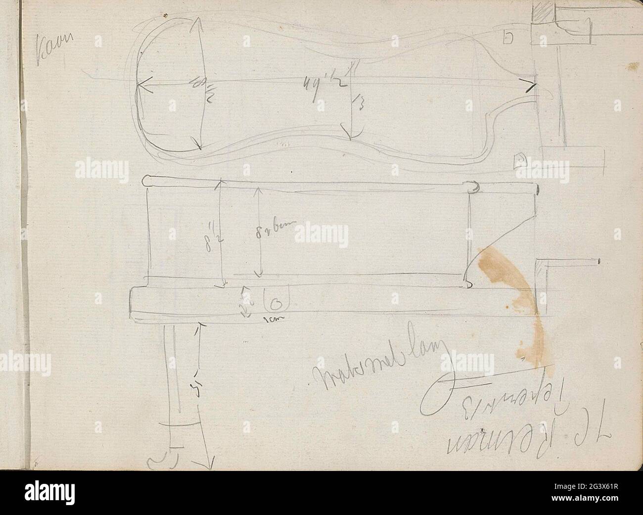 Design di mobili. Possibilmente un disegno per un tavolo o un lettino. La foglia 1 recto da un libro di schizzo con 27 fogli. Foto Stock