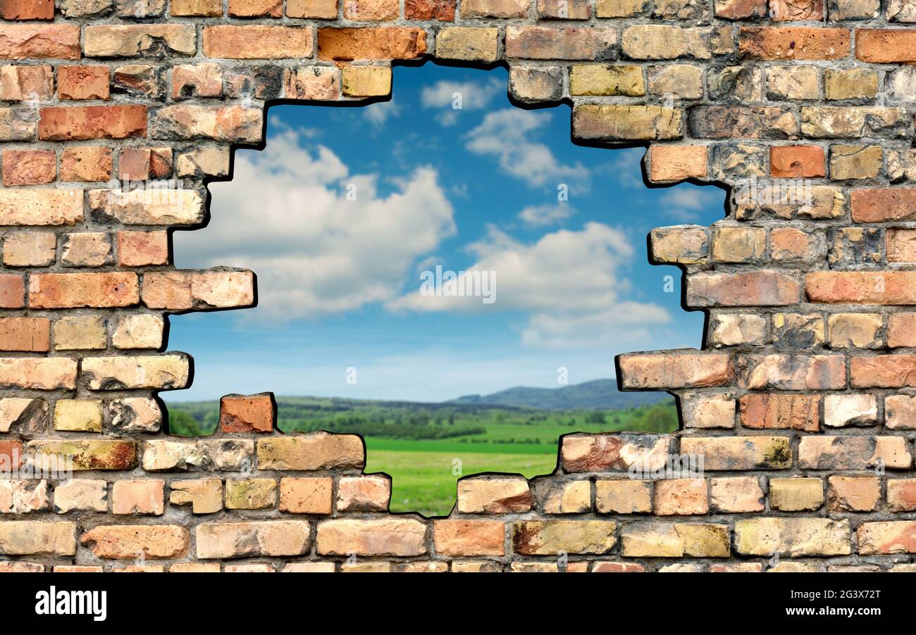 Buco in muro di mattoni con vista all'esterno Foto Stock