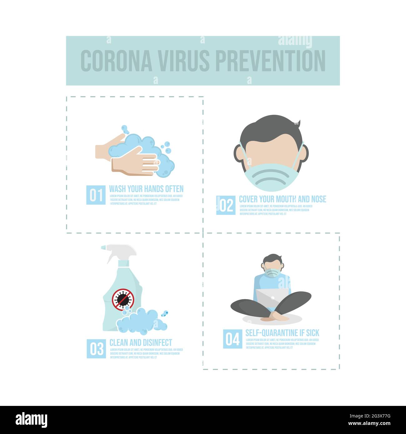 Infografica sulla prevenzione di Covid-19. Set di icone piatte coronavirus. Punte di scoppio del coronavirus. Set di icone piatte vettoriali di Coronavirus o Covid-19 Illustrazione Vettoriale
