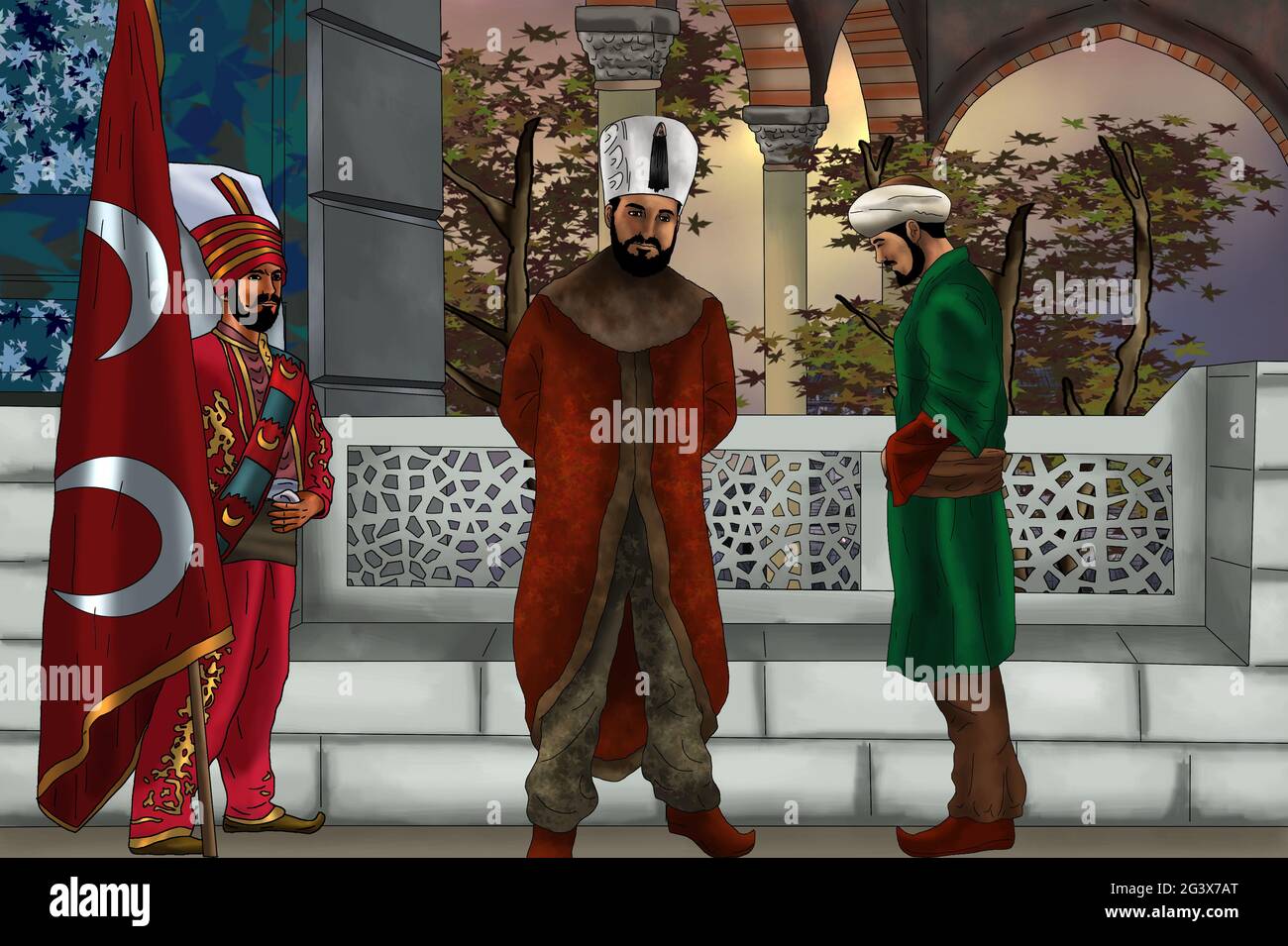 Soldati Janissary e ufficiale ottomano in posa con la bandiera ottomana Foto Stock
