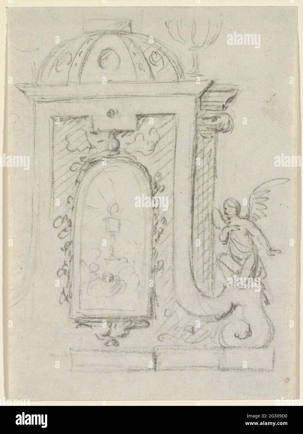 Tabernacolo con angelo. Disegno di un tabernacolo con un calice con ospite e sulla destra un angelo. Foto Stock
