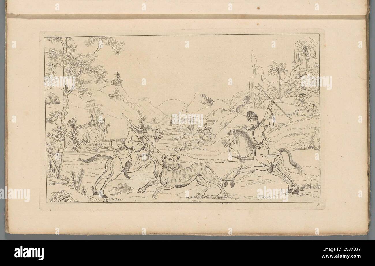 Paesaggio con la caccia su una tigre; Scene cinesi yacht; nuovo consigliato Sineesen, con grande Moeyte progettato e dato in esso, da P: Schenk Jun (...), terza parte. Due uomini cinesi a cavallo a caccia di tigre o pantera. Stampa fa parte di un album. Foto Stock
