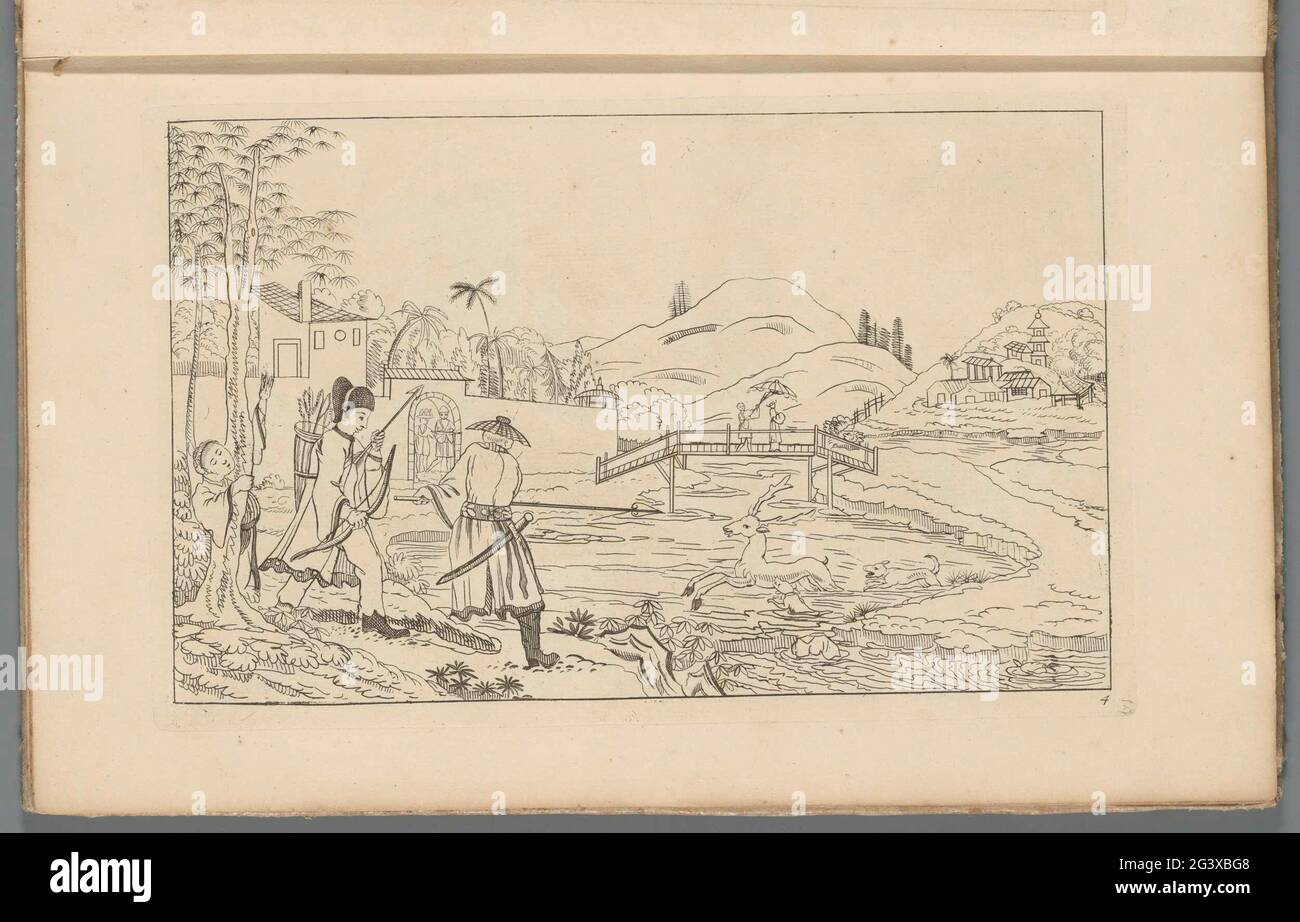 Paesaggio cinese con caccia al cervo; scene cinesi yacht; nuovo consigliato Sineesen, con grande Moeyte progettato e dato in esso, da P: Schenk Jun (...), terza parte. Paesaggio fluviale con un cervo seduto da cani da caccia. A sinistra sulla riva un uomo con lancia e un uomo con freccia e arco. Stampa fa parte di un album. Foto Stock