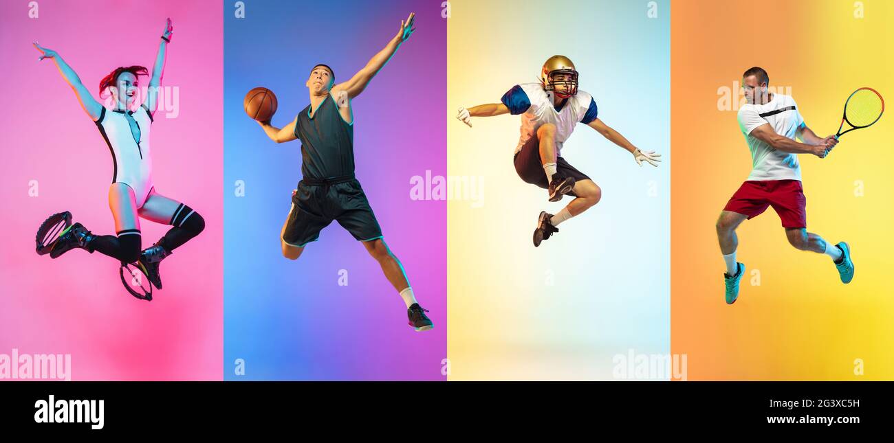 Collage di diversi sportivi professionisti, misura persone in azione e movimento isolato su sfondo a colori. Volantino. Foto Stock