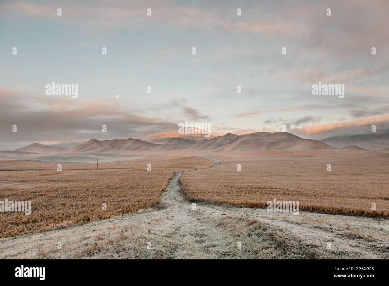 Strada sterrata in campo che va in montagna. Dawn in campo autunnale. Colline in tormentata mattina. Erba coperta con brina autunnale. Natur Foto Stock