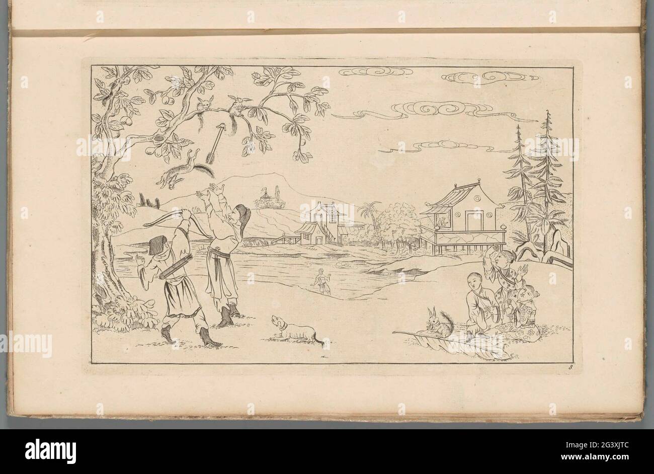 Paesaggio cinese con scoiattolo caccia; cinese yacht scene; nuovo consigliato Sineesen, con grande Moeyte progettato e dato in esso, da P: Schenk Jun (...), terza parte. Paesaggio cinese con gli uomini che fanno yacht sugli scoiattoli. Stampa fa parte di un album. Foto Stock